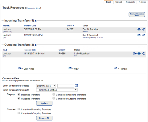 Track Resources pag showing Incoming and Outgoing transfers